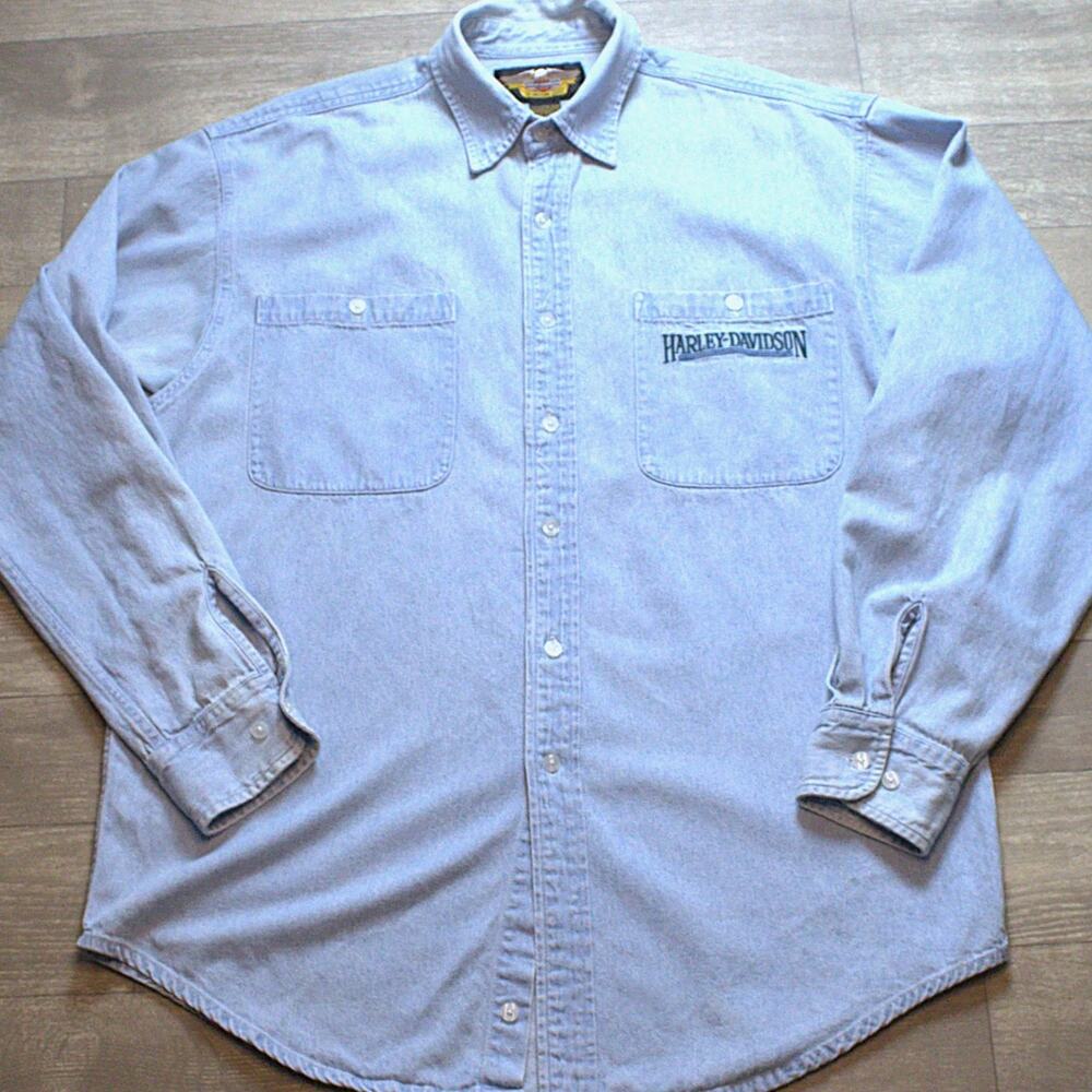 Vintage Harley-Davidson Denim Button Up Shirt Mens L Embroidered Biker Y2K